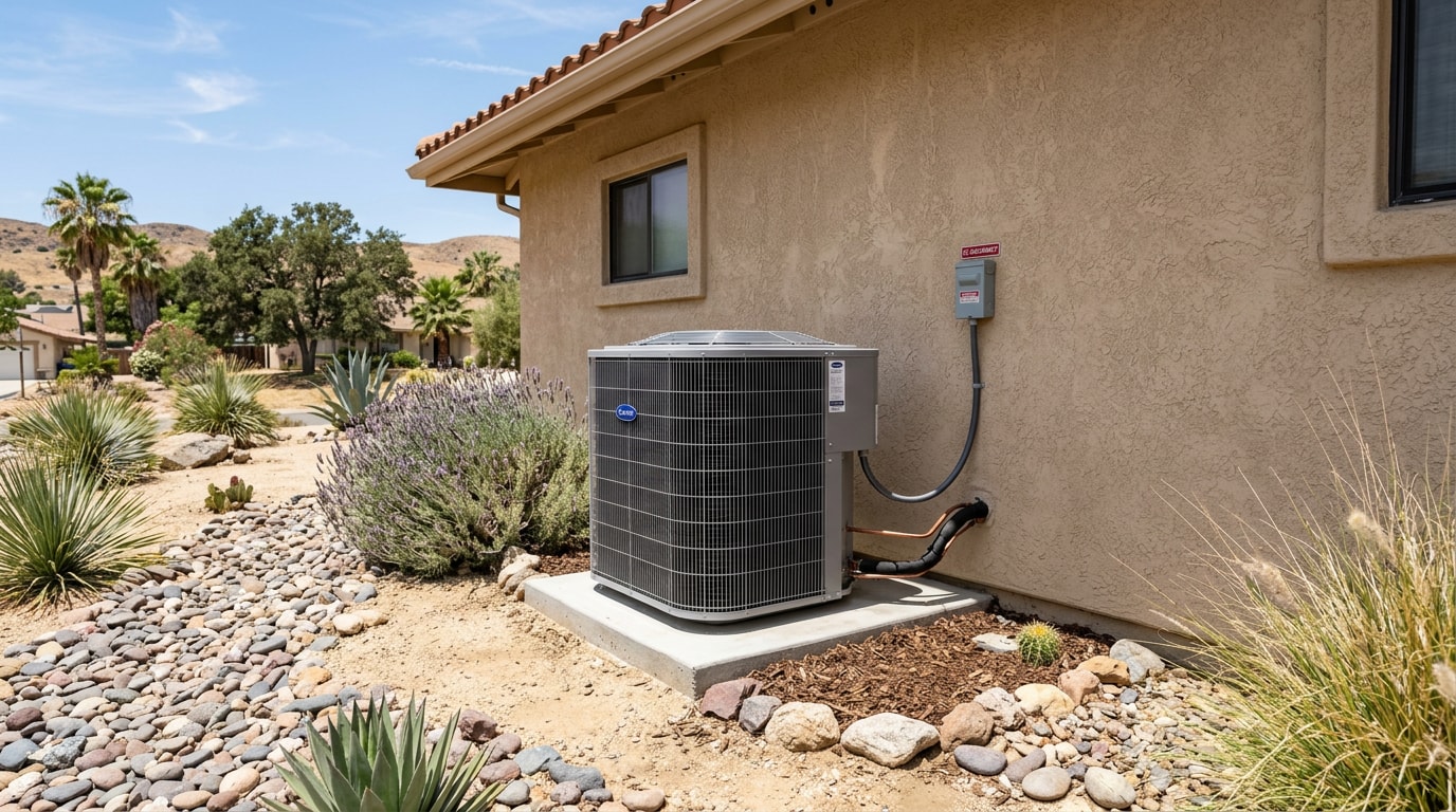 Modern residential air conditioning condenser unit installed outside a Moreno Valley, CA home Modern residential air conditioning condenser unit installed outside a Moreno Valley, CA home