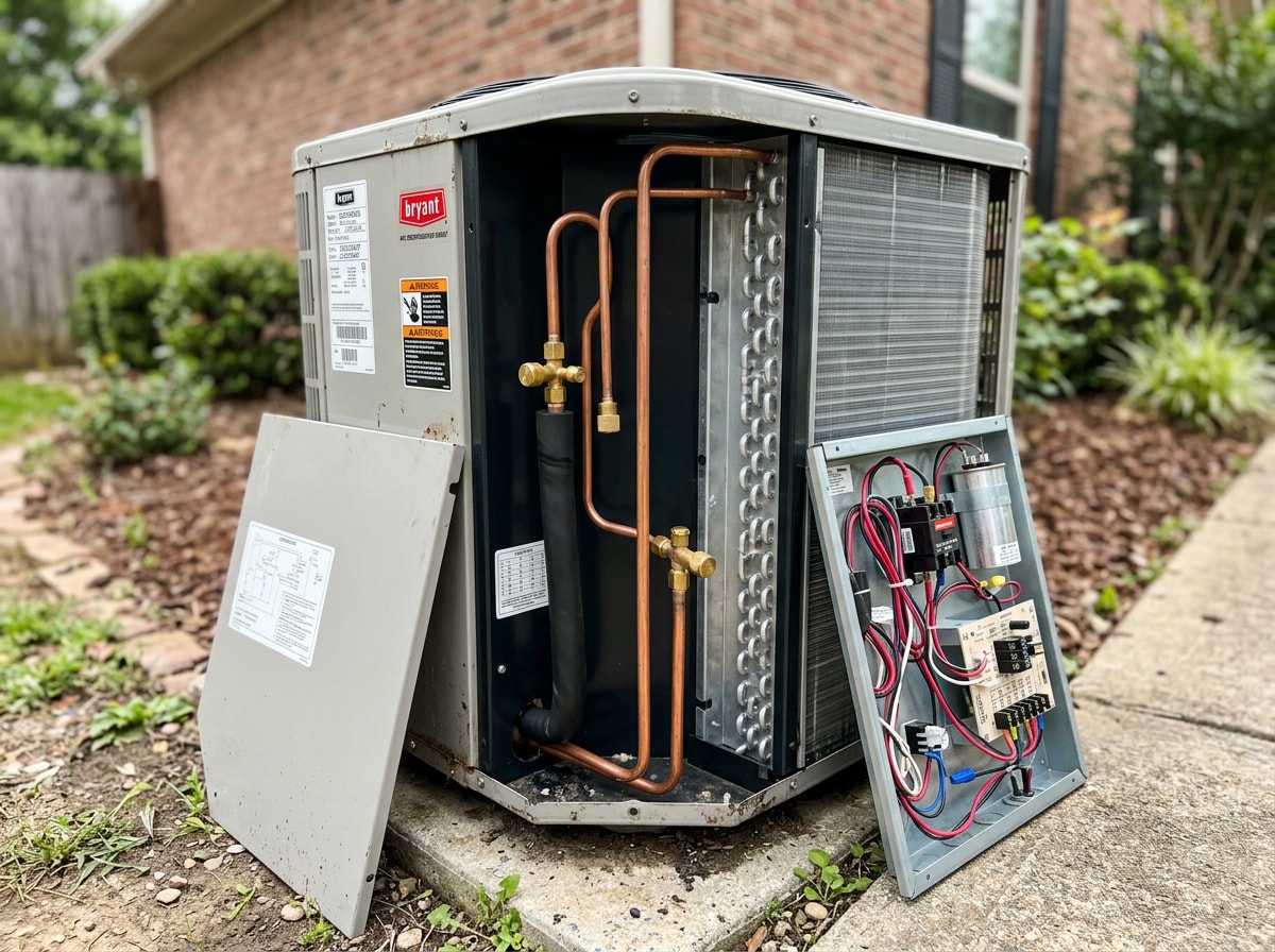 Close-up of a clean residential AC condenser unit with the access panel open, coils visible and no people present