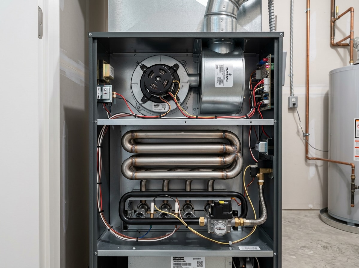 Open residential furnace cabinet showing the heat exchanger, burner assembly, and blower motor, no people present