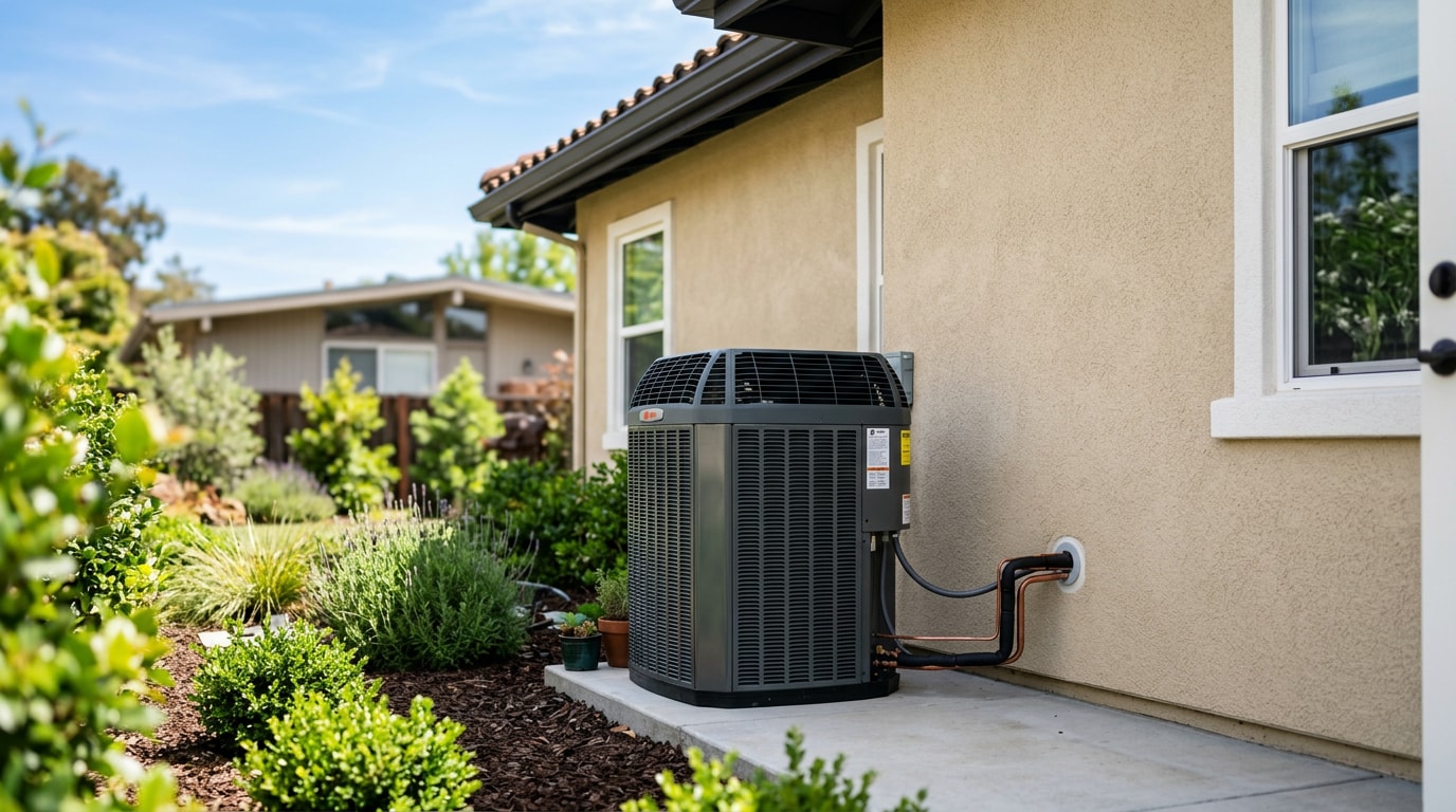 Residential HVAC condenser unit outside a Corona, CA home during a routine inspection Residential HVAC condenser unit outside a Corona, CA home during a routine inspection