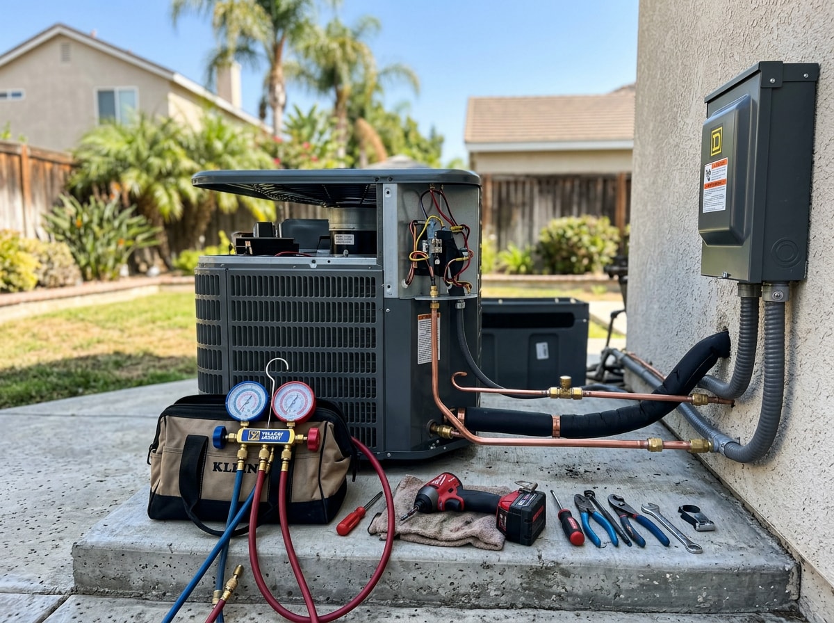 Technician installing an outdoor condenser unit during HVAC installation in Riverside County