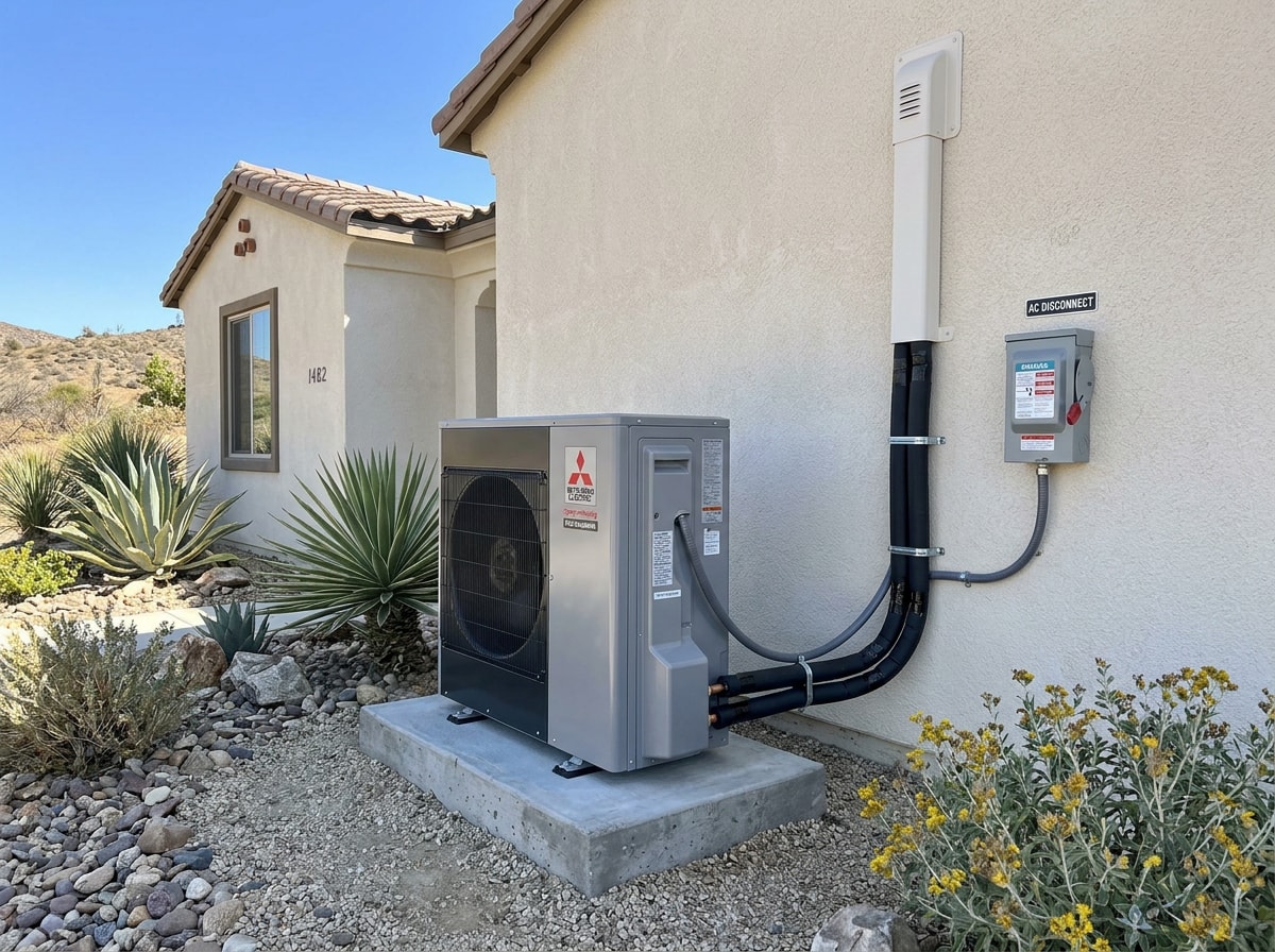 Heat pump outdoor unit installed beside a Riverside County home