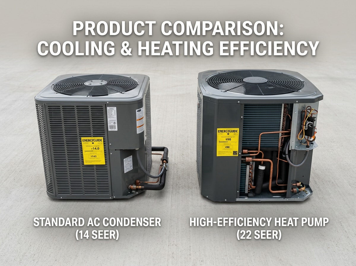 Side-by-side cost and payback comparison chart for standard AC versus high-efficiency heat pump systems