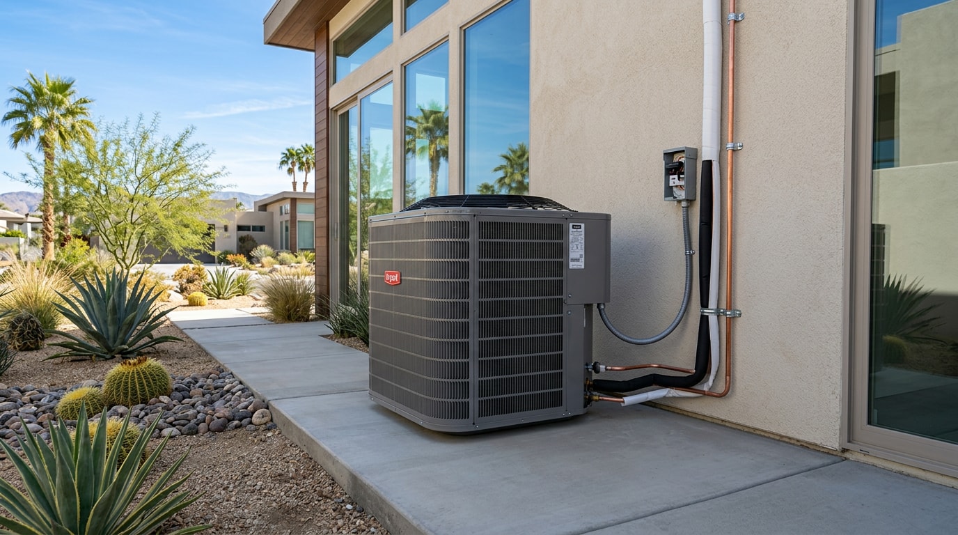 New HVAC condenser unit installed outside a Riverside County home New HVAC condenser unit installed outside a Riverside County home
