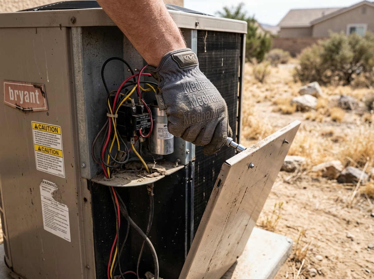 Technician servicing an outdoor HVAC condenser unit at a Temecula residential home