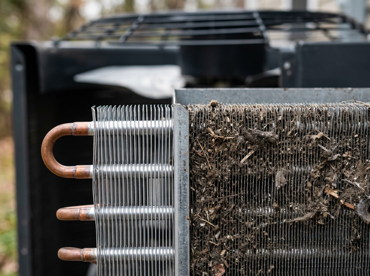 Close-up of HVAC technician cleaning condenser coils during a maintenance visit