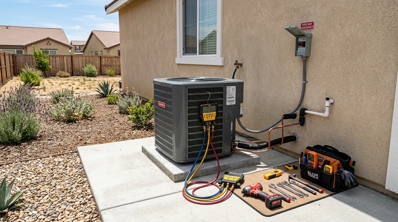 Residential HVAC condenser unit serviced in a Temecula, CA backyard