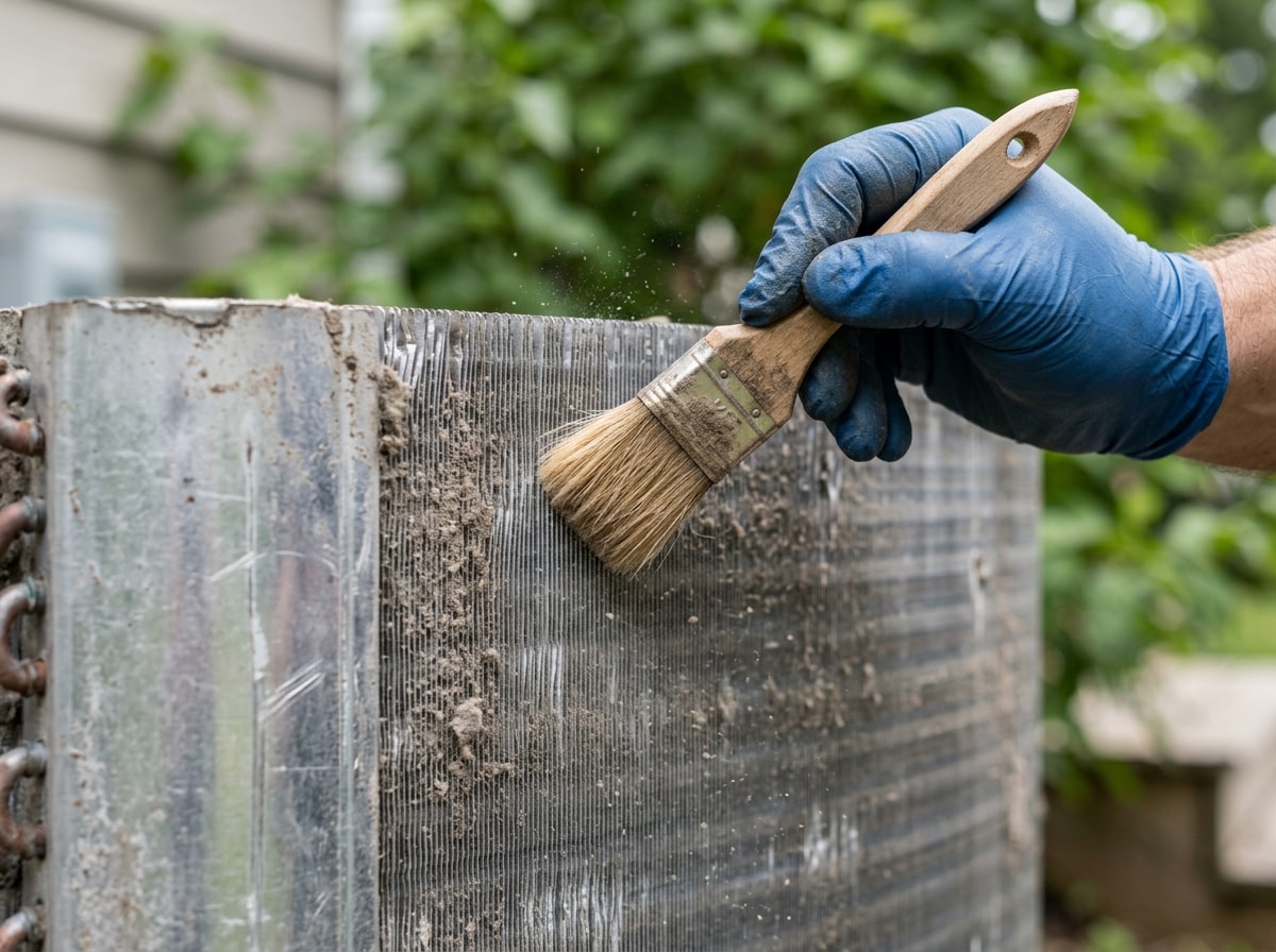 Technician cleaning dust from an outdoor condenser coil at a Moreno Valley home