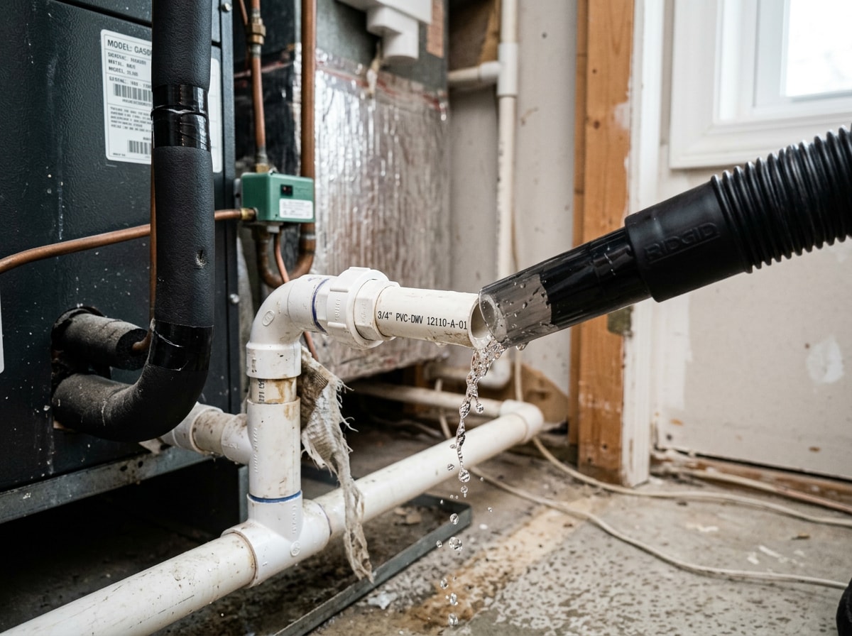 Close-up of an HVAC technician clearing a condensate drain line during a maintenance visit
