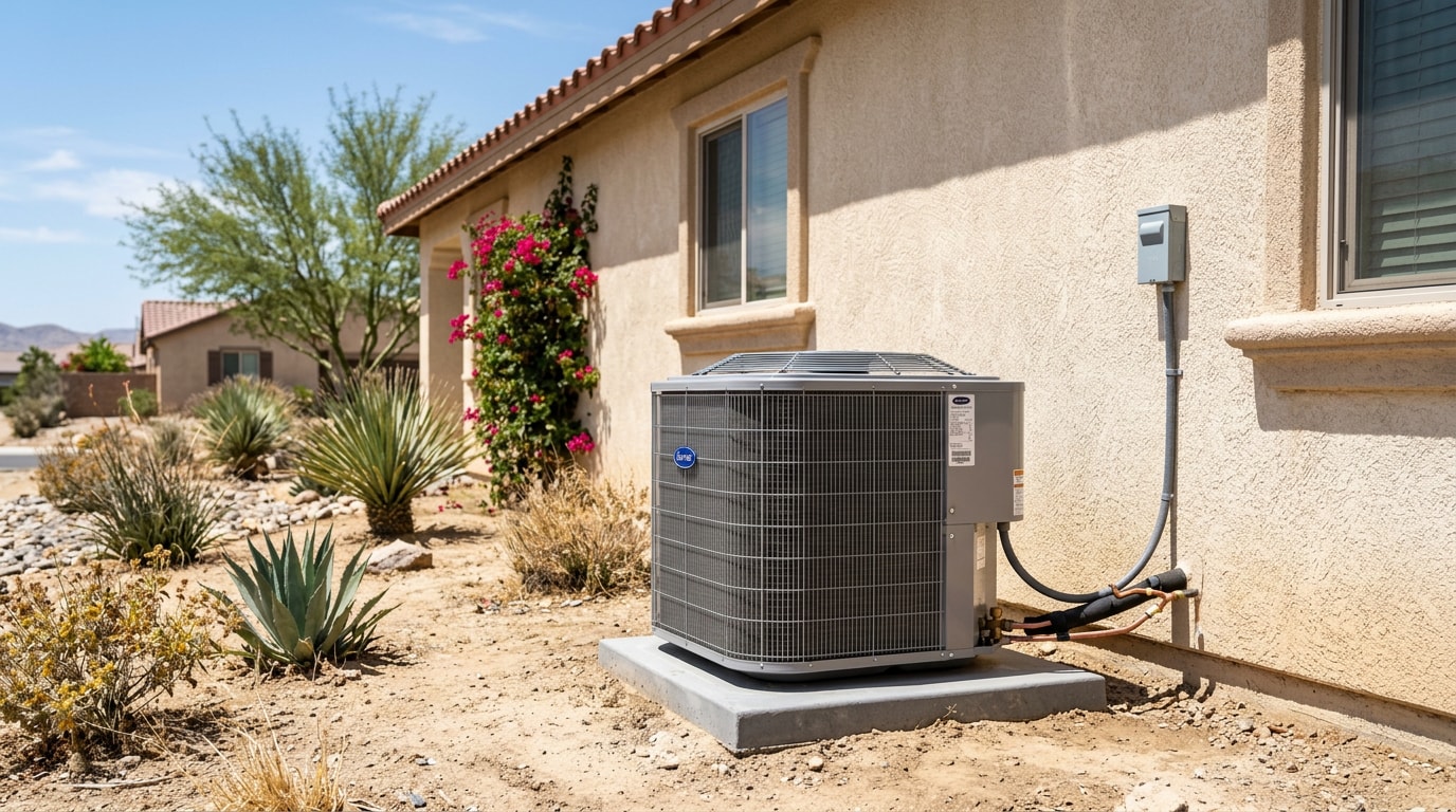 Outdoor HVAC condenser unit at a Moreno Valley, CA home during seasonal maintenance Outdoor HVAC condenser unit at a Moreno Valley, CA home during seasonal maintenance