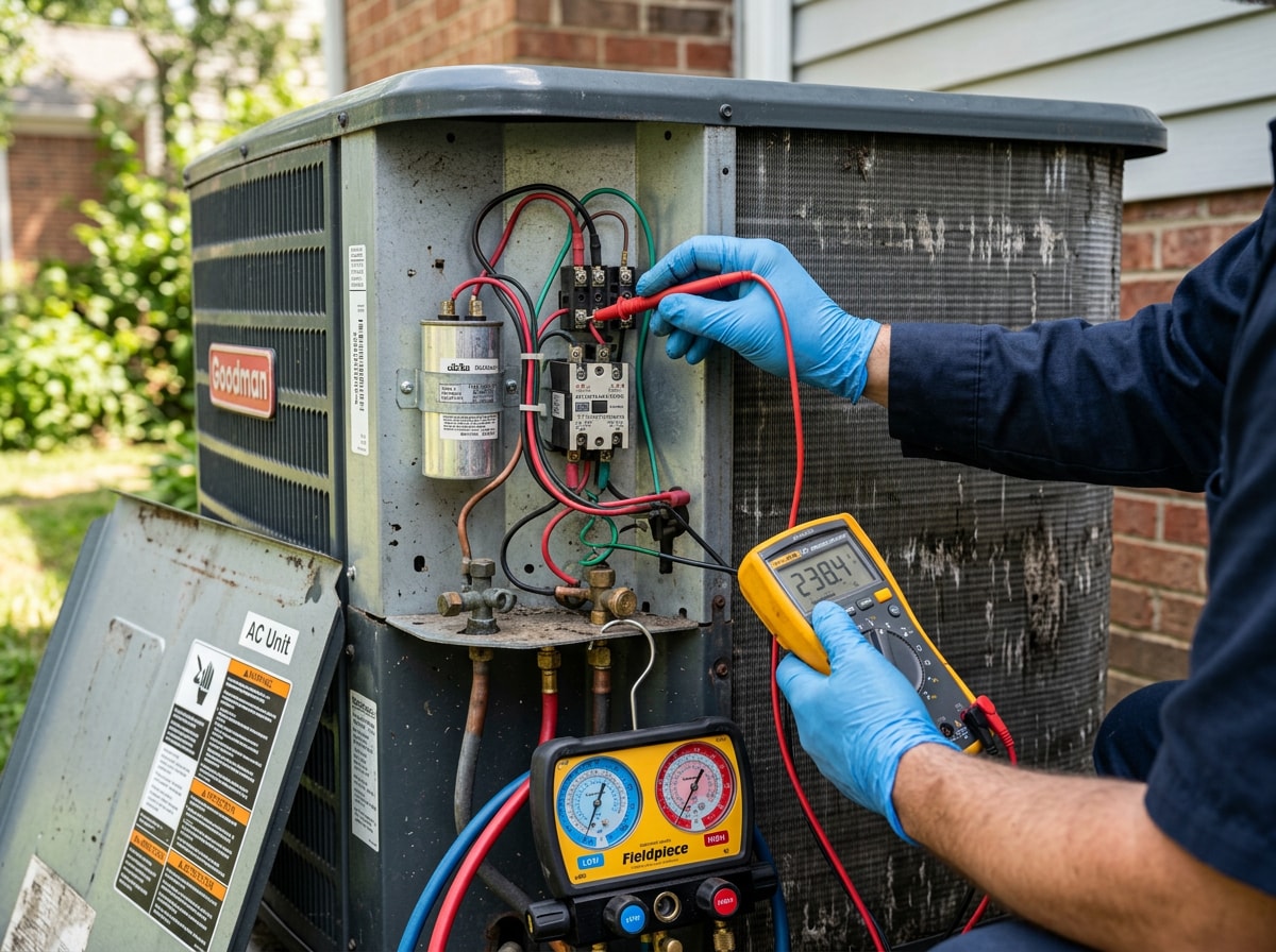 Technician performing a seasonal AC tune-up inspection on an outdoor condenser unit