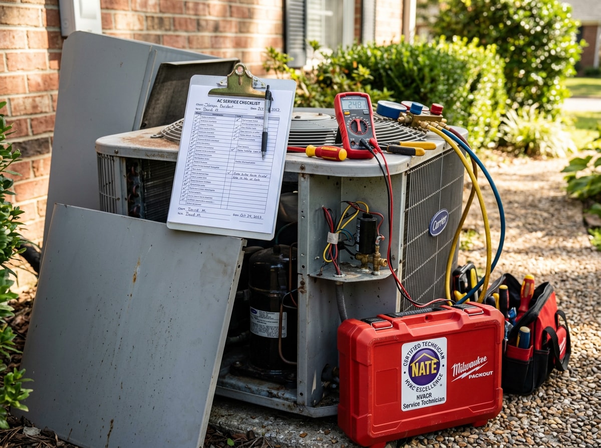 NATE-certified HVAC technician reviewing a service checklist with a Corona homeowner