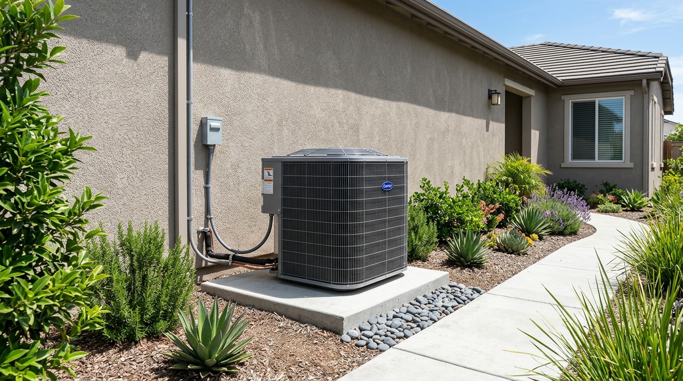 Residential HVAC condenser unit outside a Corona, CA home