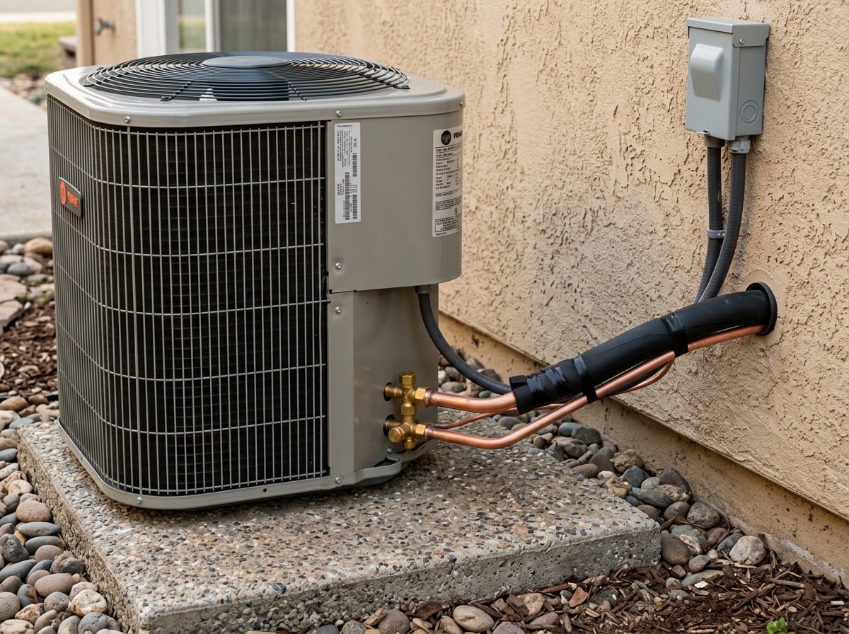Outdoor AC condenser unit with clean copper refrigerant lines at a Hemet home