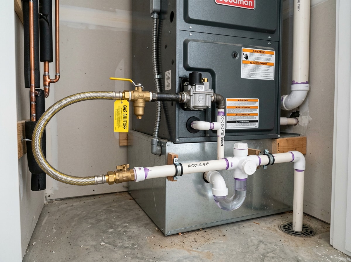 Furnace gas line and condensate drain connection inside a residential mechanical closet