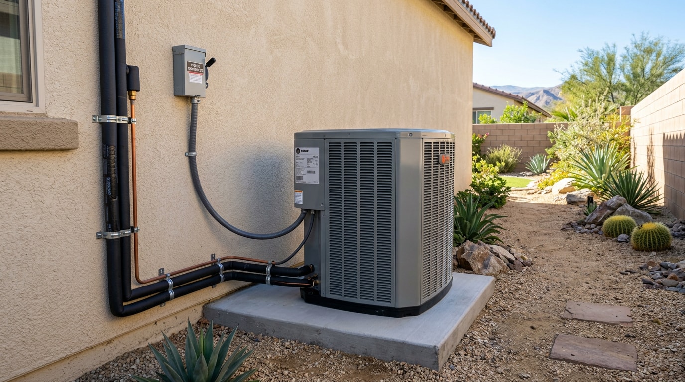 Outdoor HVAC condenser unit installed at a Hemet, CA home Outdoor HVAC condenser unit installed at a Hemet, CA home