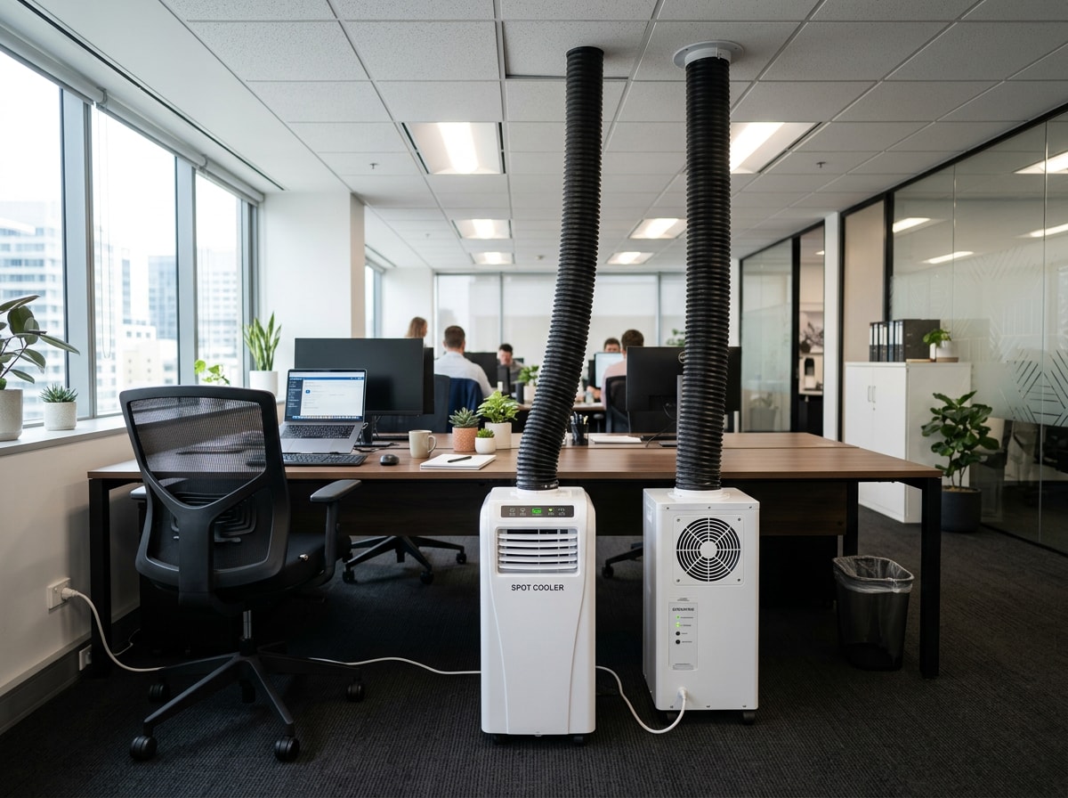 Portable commercial spot cooler unit set up in an office for temporary cooling