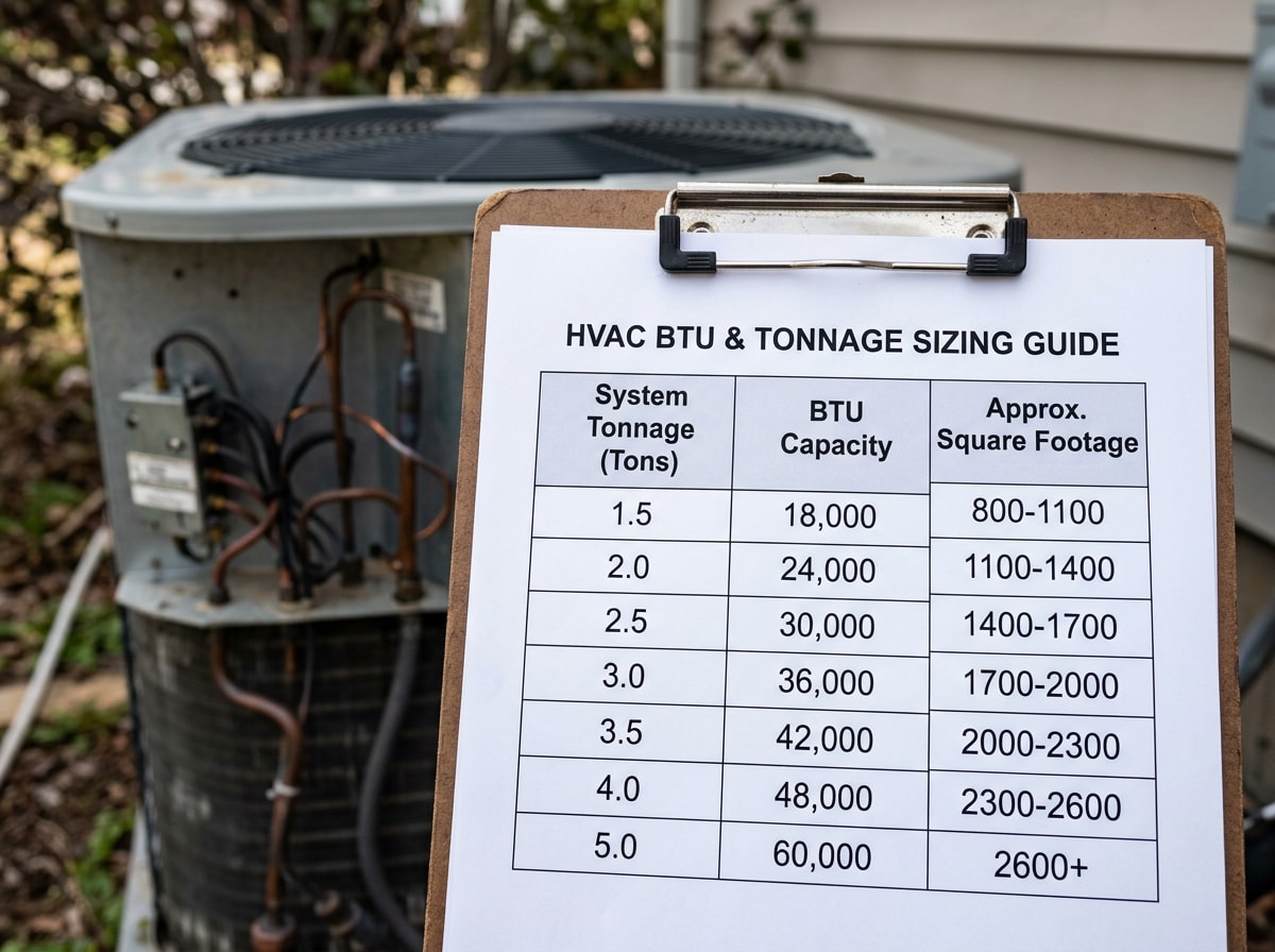 BTU and tonnage sizing chart for portable AC and HVAC rental units