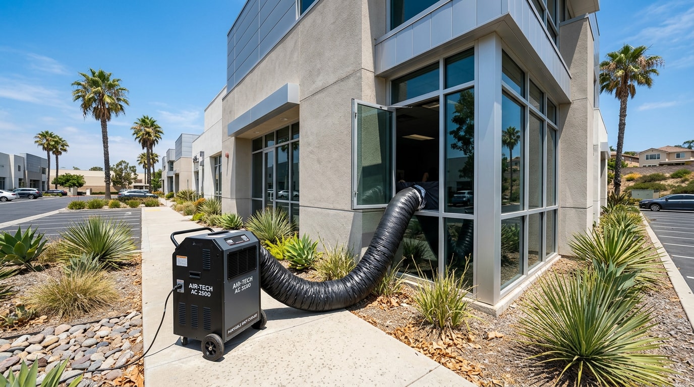 Portable HVAC rental unit delivered outside a commercial building in Menifee, CA Portable HVAC rental unit delivered outside a commercial building in Menifee, CA