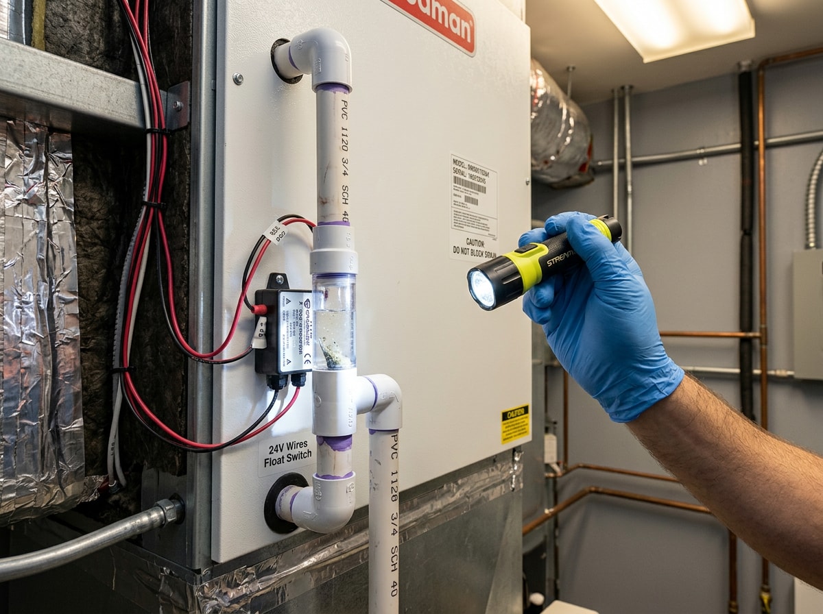 Technician inspecting a condensate drain line and safety switch during an HVAC maintenance visit