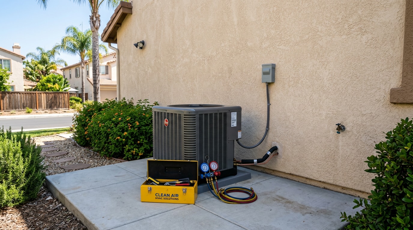 Residential HVAC condenser unit serviced in a Moreno Valley, CA backyard
