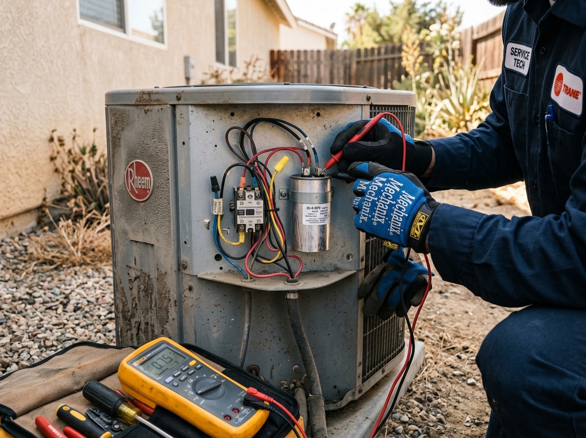 Technician inspecting an outdoor AC condenser unit for repair in Murrieta, CA