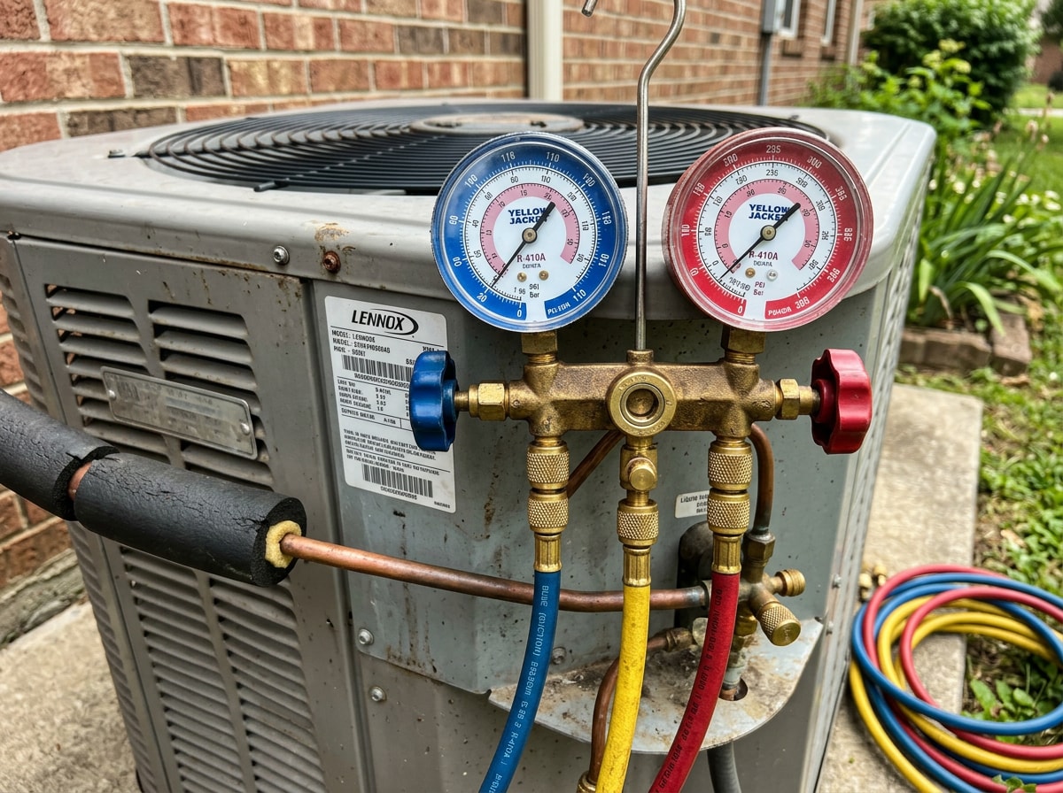 HVAC technician using diagnostic gauges on an air conditioning unit in Murrieta