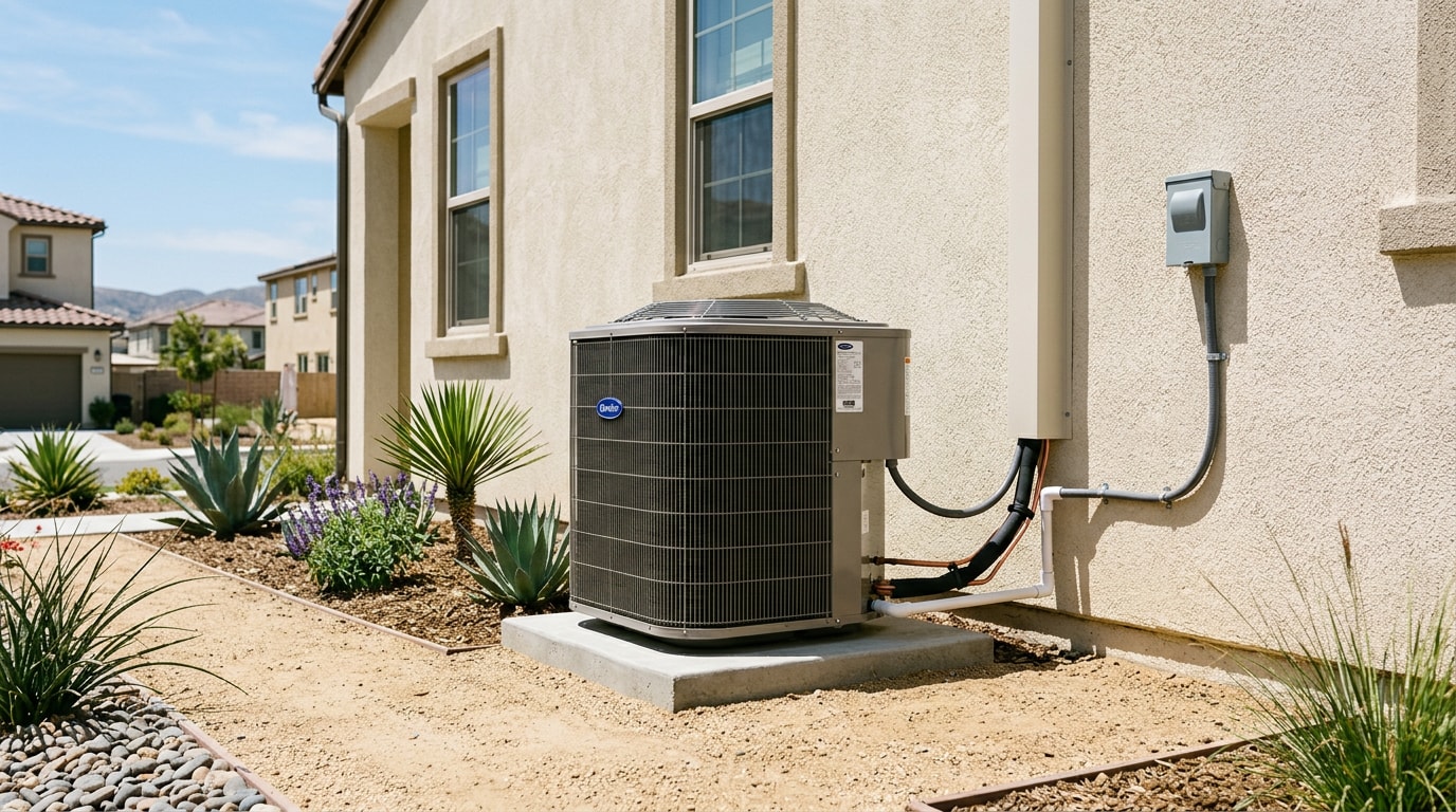 Residential outdoor AC condenser unit installed at a home in Murrieta, CA Residential outdoor AC condenser unit installed at a home in Murrieta, CA