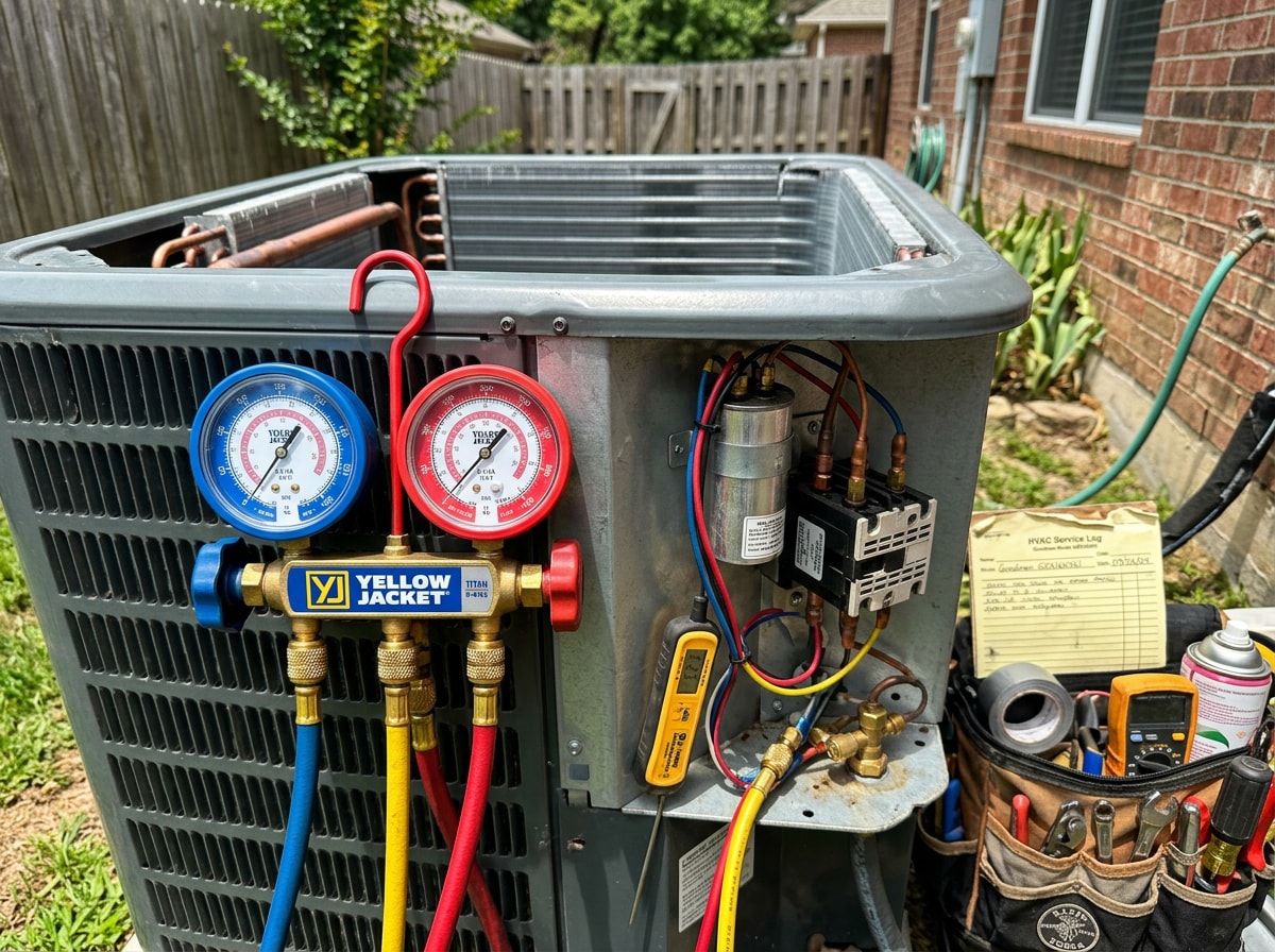 HVAC technician servicing an outdoor air conditioning condenser unit