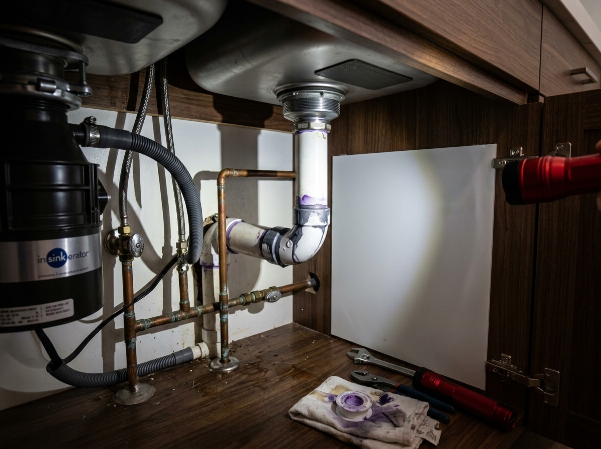 Plumber inspecting pipes under a kitchen sink with a flashlight