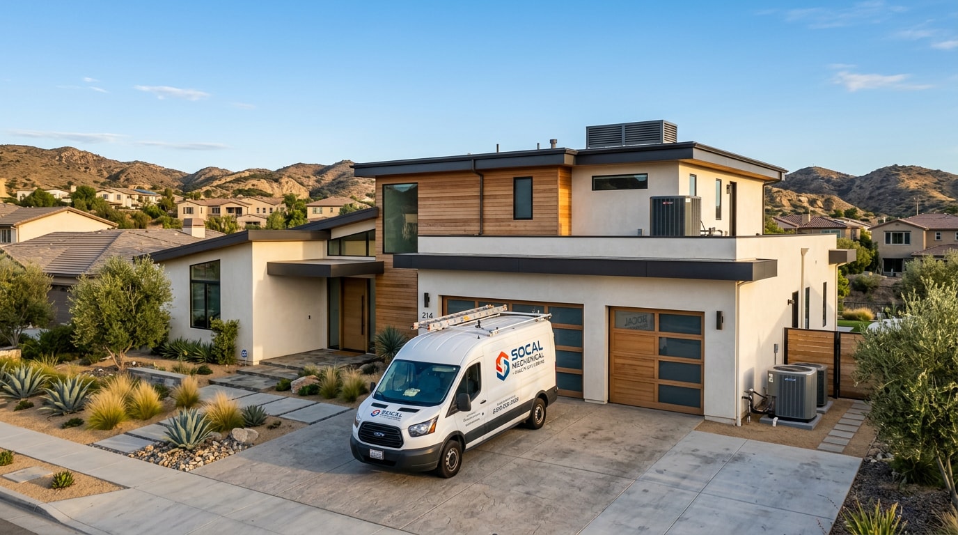 Service van parked outside a home in Moreno Valley, CA for plumbing, heating, and air conditioning work