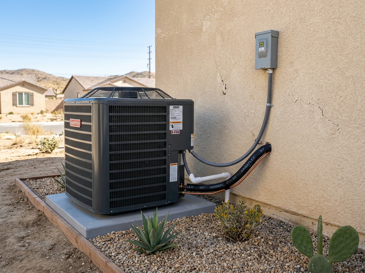 Newly installed residential AC condenser unit beside a stucco home in a Perris, CA tract neighborhood