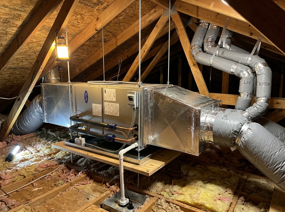Technician-installed ductwork and plenum in a Perris, CA attic showing sealed, properly sized runs