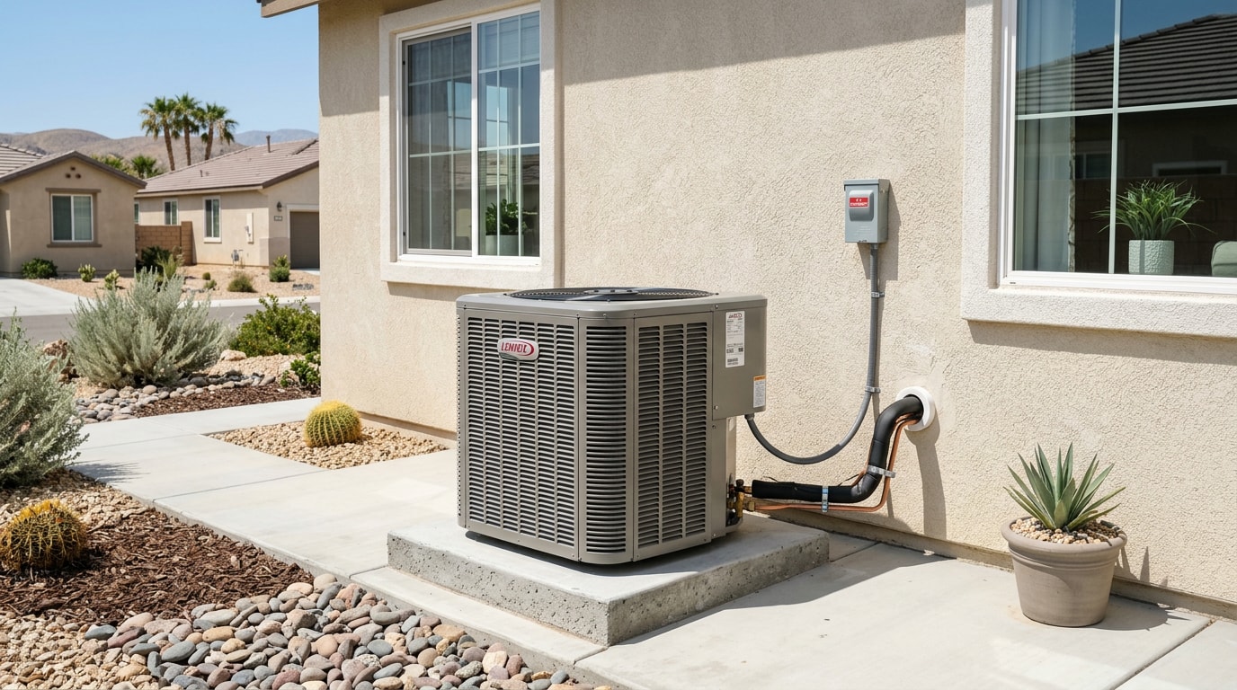Residential AC condenser unit installed at a Perris, CA home Residential AC condenser unit installed at a Perris, CA home
