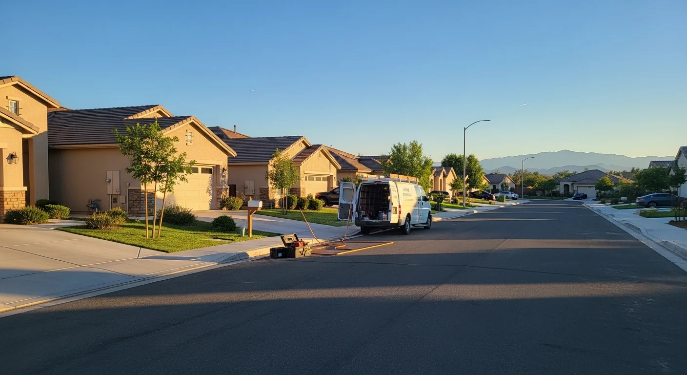 Residential street in Menifee with newer homes and landscaping under clear desert sky.