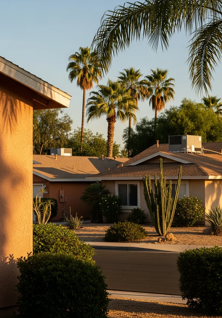 Riverside County residential area with varied home styles and local vegetation.