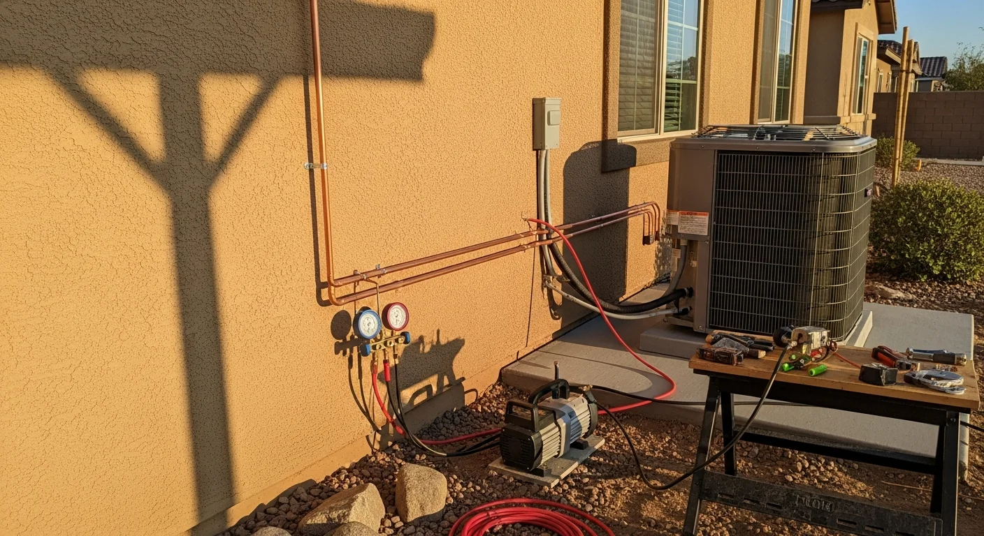 A Priority One, Inc. HVAC technician completing an air conditioning installation at a single-family home in Menifee, CA, with a new outdoor condenser unit mounted on a concrete pad beside the house. The surrounding landscape reflects a typical Menifee residential neighborhood on a clear, sunny day.