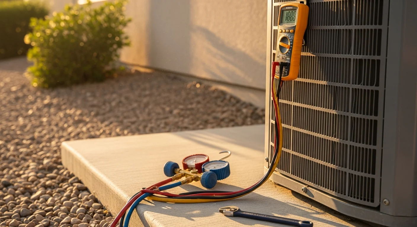 A Priority One, Inc. HVAC technician inspecting an outdoor air conditioning condenser unit at a single-family home in Menifee, CA. The technician checks the condenser fins and refrigerant lines during a residential AC repair visit.