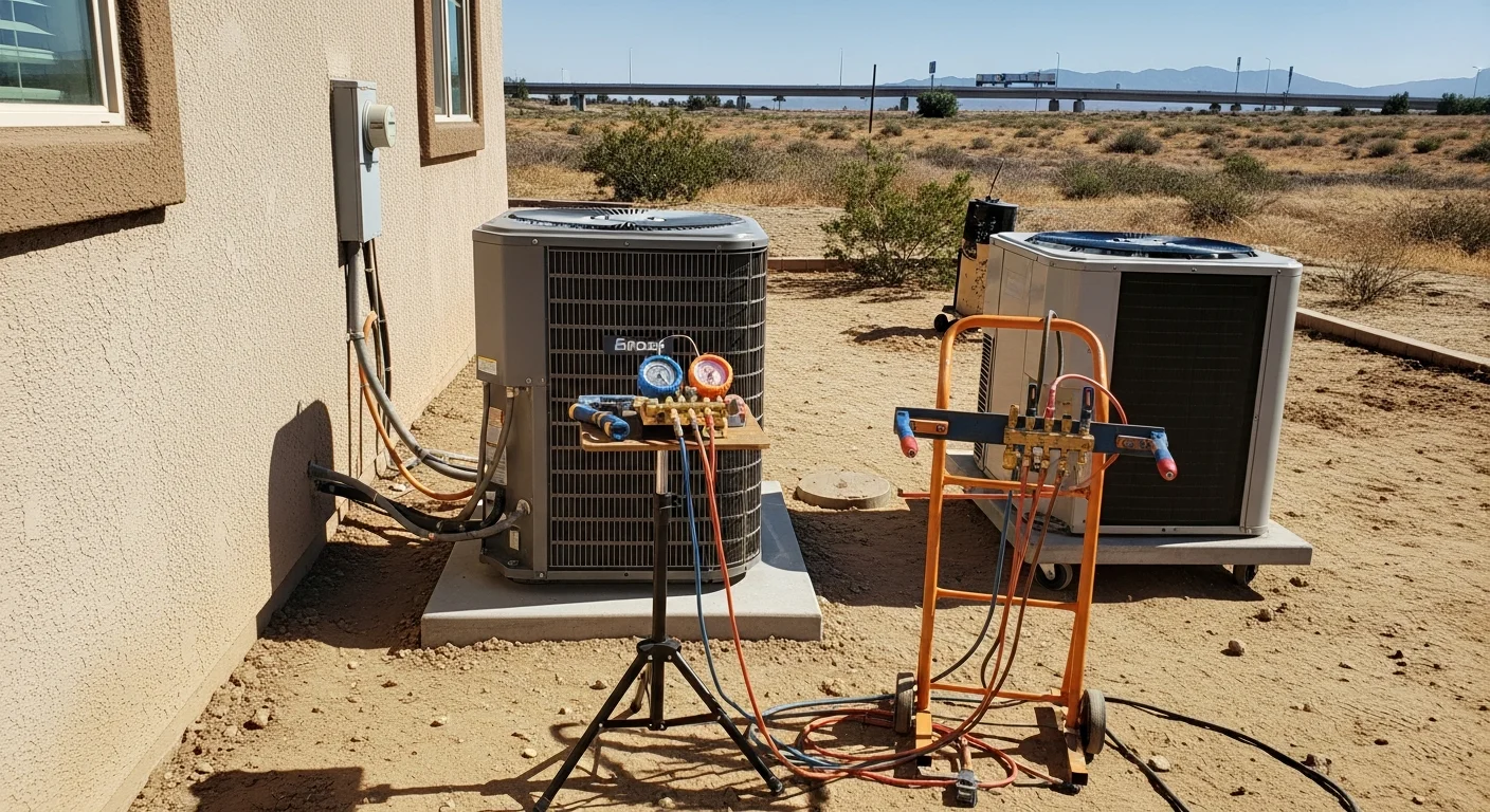 A newly installed residential air conditioning condenser unit sitting on a concrete pad beside a single-family home in Menifee, CA, with clear tubing connections and a clean exterior. The surrounding yard shows the dry, sun-exposed conditions typical of Menifee's Inland Empire climate.