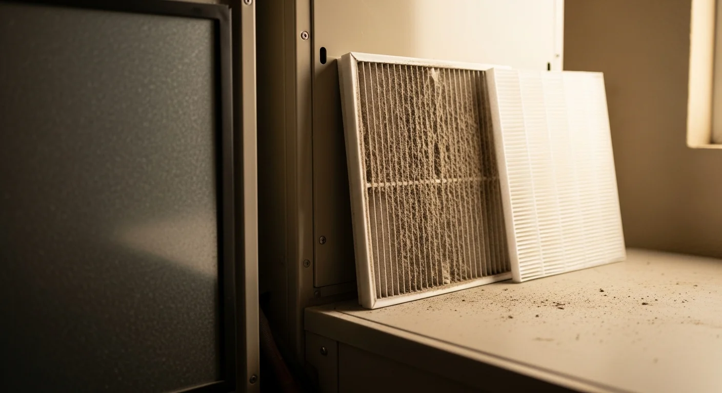 A Priority One, Inc. technician installing a clean air filter into a residential HVAC unit inside a Menifee, CA home. The old filter beside the unit shows visible dust and debris accumulation consistent with the area's dry, particulate-heavy conditions.