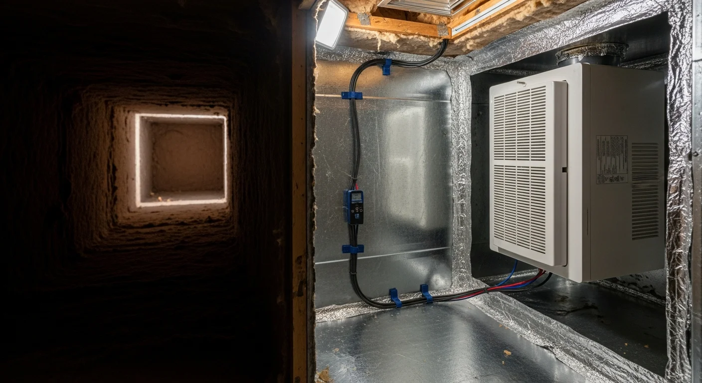 A Priority One, Inc. technician installing a whole-home air purifier into the ductwork of a residential HVAC system in Menifee, CA. The unit is mounted in the return plenum with sealed duct connections visible near the air handler.