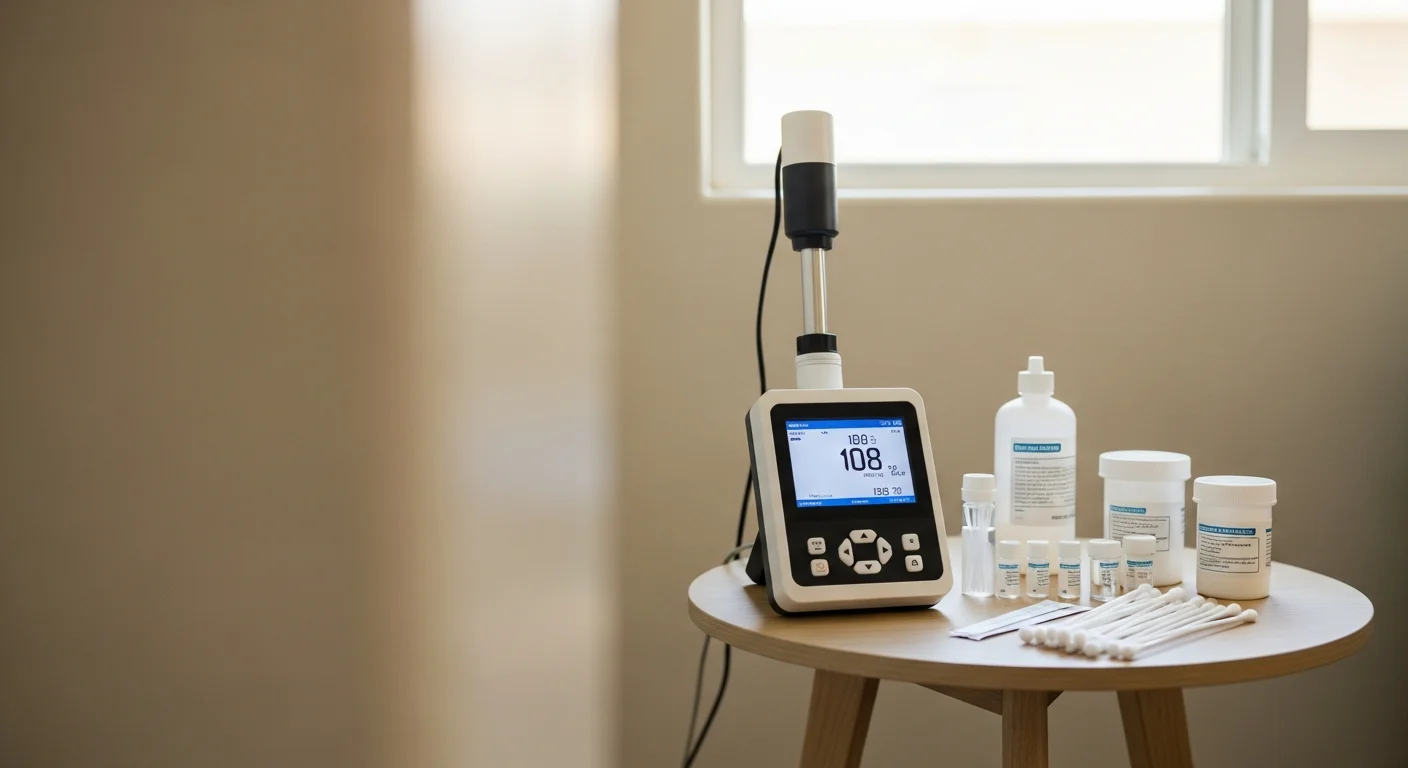 A Priority One, Inc. technician collecting indoor air samples in a Menifee, CA residential property using professional air sampling equipment. The image shows the testing process in a living area with visible HVAC vents in the background.