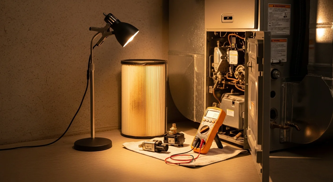 A heating contractor inspecting the interior components of a gas furnace inside a single-family home in Menifee, CA. The technician examines the burner assembly and flame sensor with the furnace panel open.