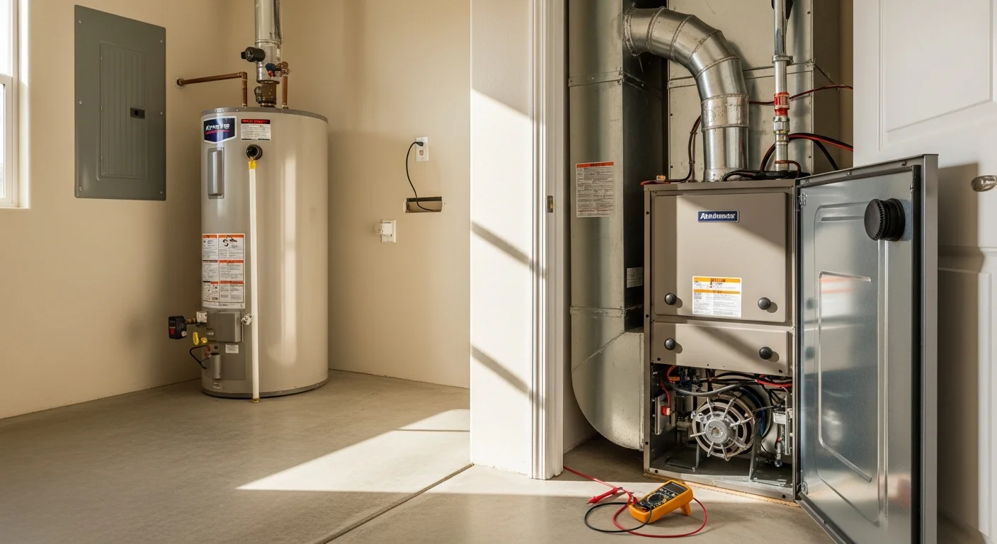 A newly installed gas furnace inside a utility closet of a Menifee, CA residential home, with clean ductwork connections and a digital thermostat visible on the adjacent wall.