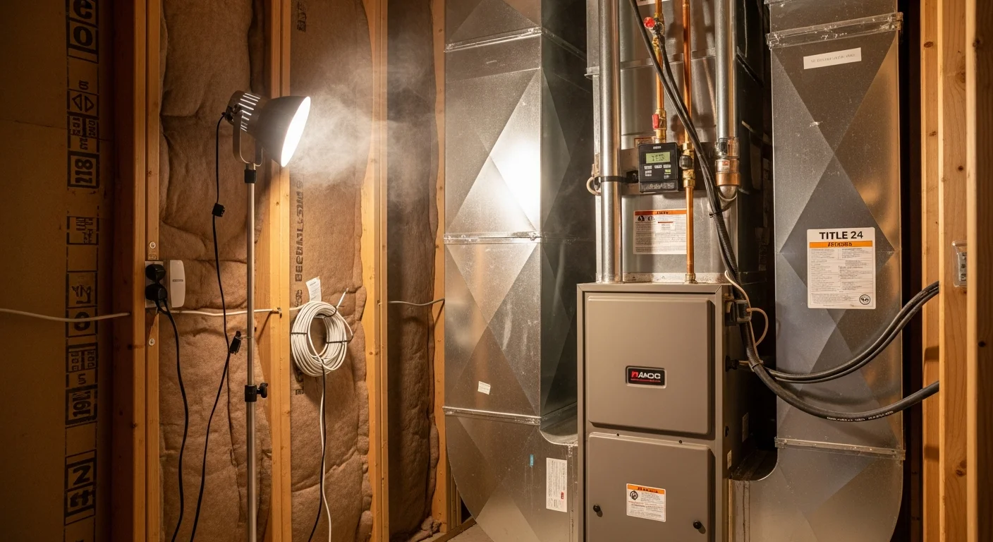 A licensed HVAC technician from Priority One, Inc. completing a heating system installation inside a single-family home in Menifee, CA. The new indoor air handler unit is mounted and connected, with clean copper line sets running along the wall in a finished utility area.