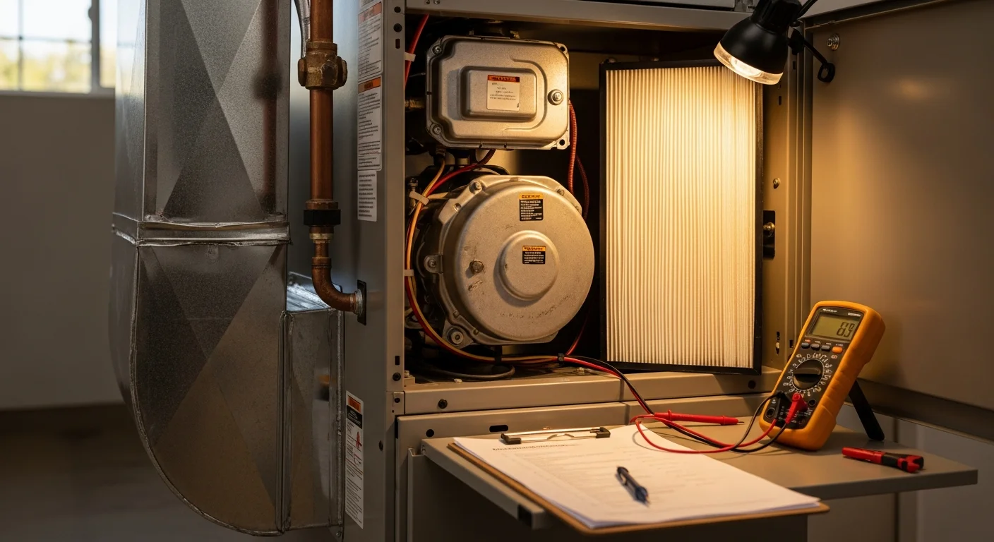 A Priority One, Inc. heating technician inspecting a residential furnace during a maintenance visit in Menifee, CA. The technician checks internal components with a flashlight in a utility room of a single-family home.