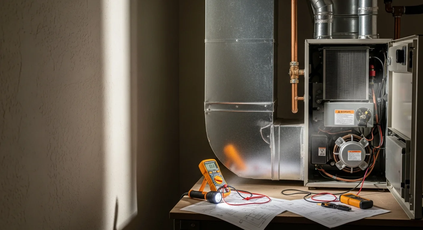 A Priority One, Inc. HVAC technician inspecting a residential furnace unit inside a Menifee, CA home. The technician checks internal heating components with diagnostic tools during a heating repair service call.