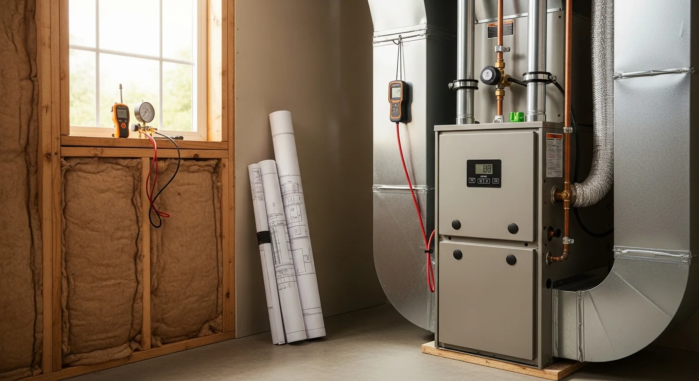 A newly installed residential heating unit in a Menifee, CA home, with clean ductwork connections and a digital thermostat mounted on the wall. A Priority One, Inc. technician reviews the system controls after completing the replacement.