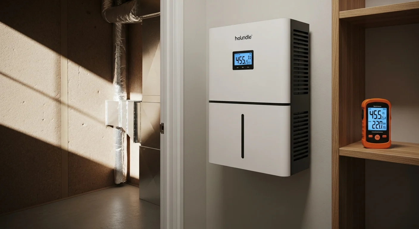 A Priority One, Inc. technician inspecting a whole-home humidity control unit connected to an HVAC system inside a Menifee, CA residential home. The unit is mounted in an interior utility area with visible ductwork and a digital humidity readout panel.