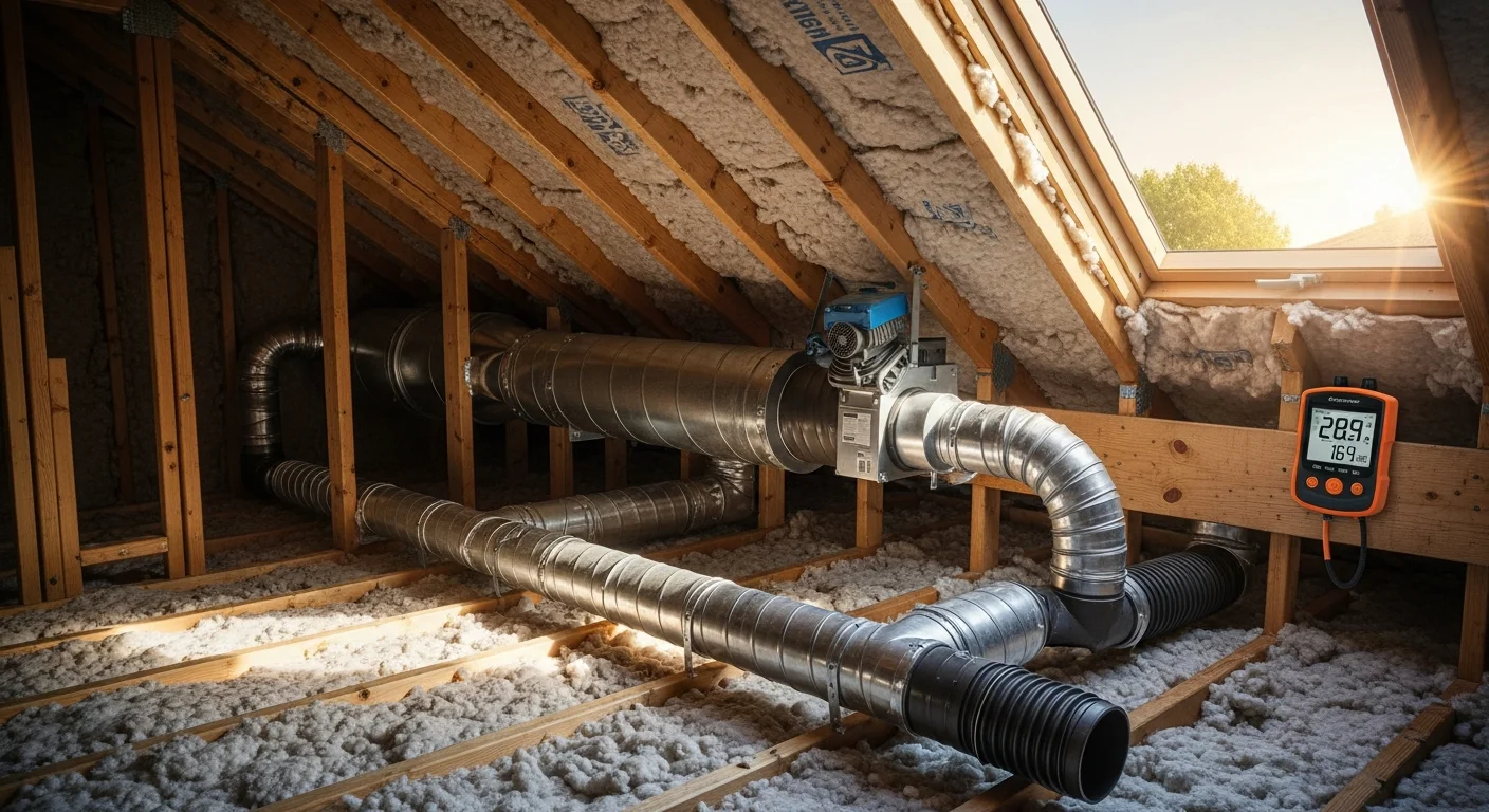 A Priority One, Inc. technician installing an attic ventilation unit on a single-family home in Menifee, CA. The image shows the roofline and attic access area with new ventilation hardware in place.